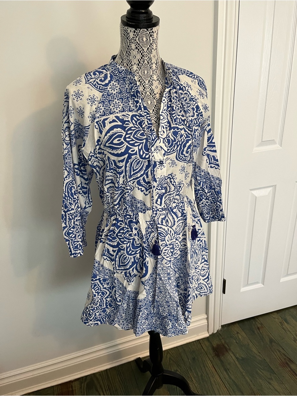 Zara White and Blue Printed Mini Dress